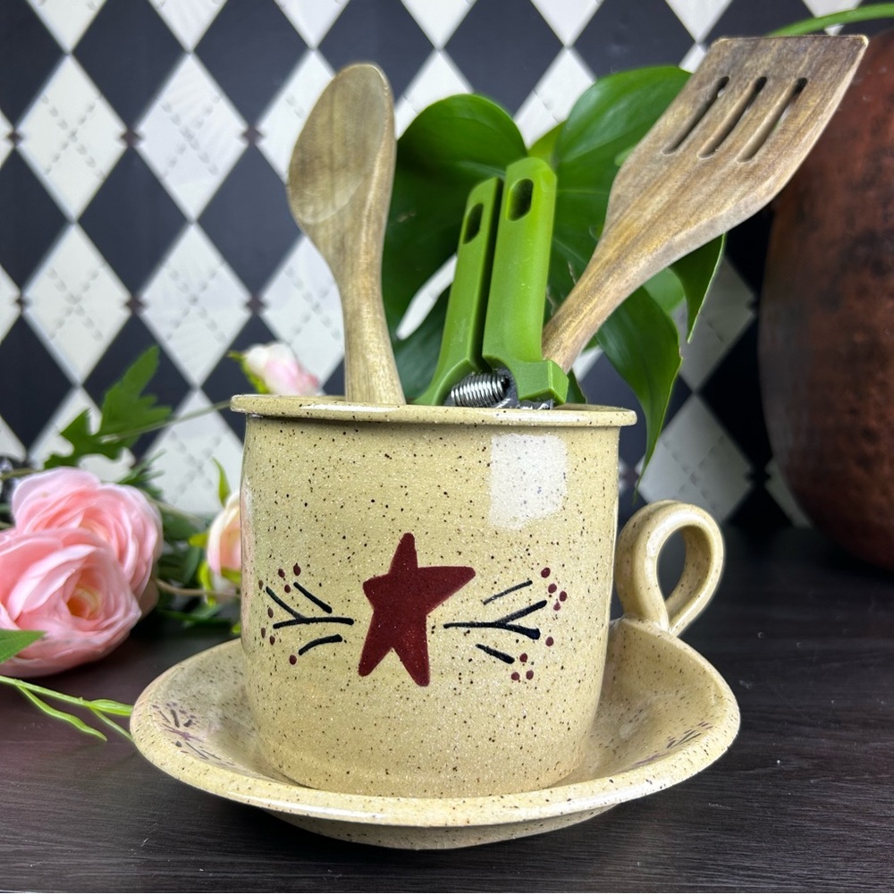 Studio Pottery Crock for Kitchen Utensils 4.5” + Underplate| Farmhouse Primitive